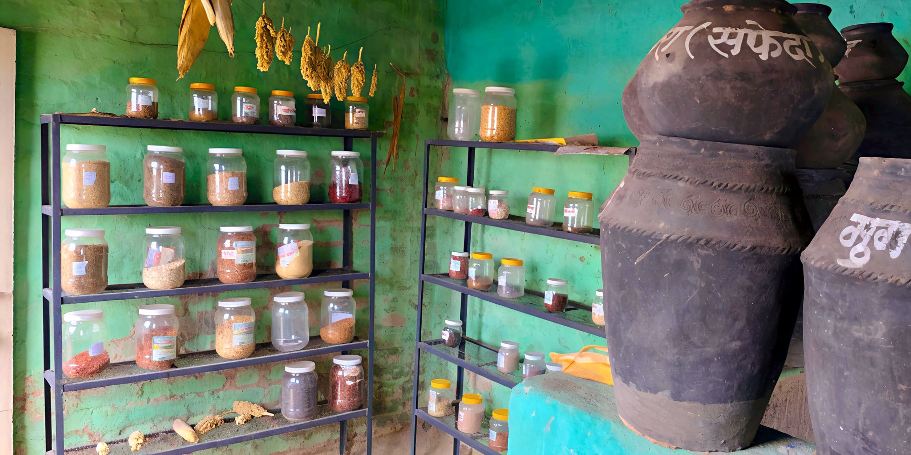 A community managed seed bank with stored seeds
