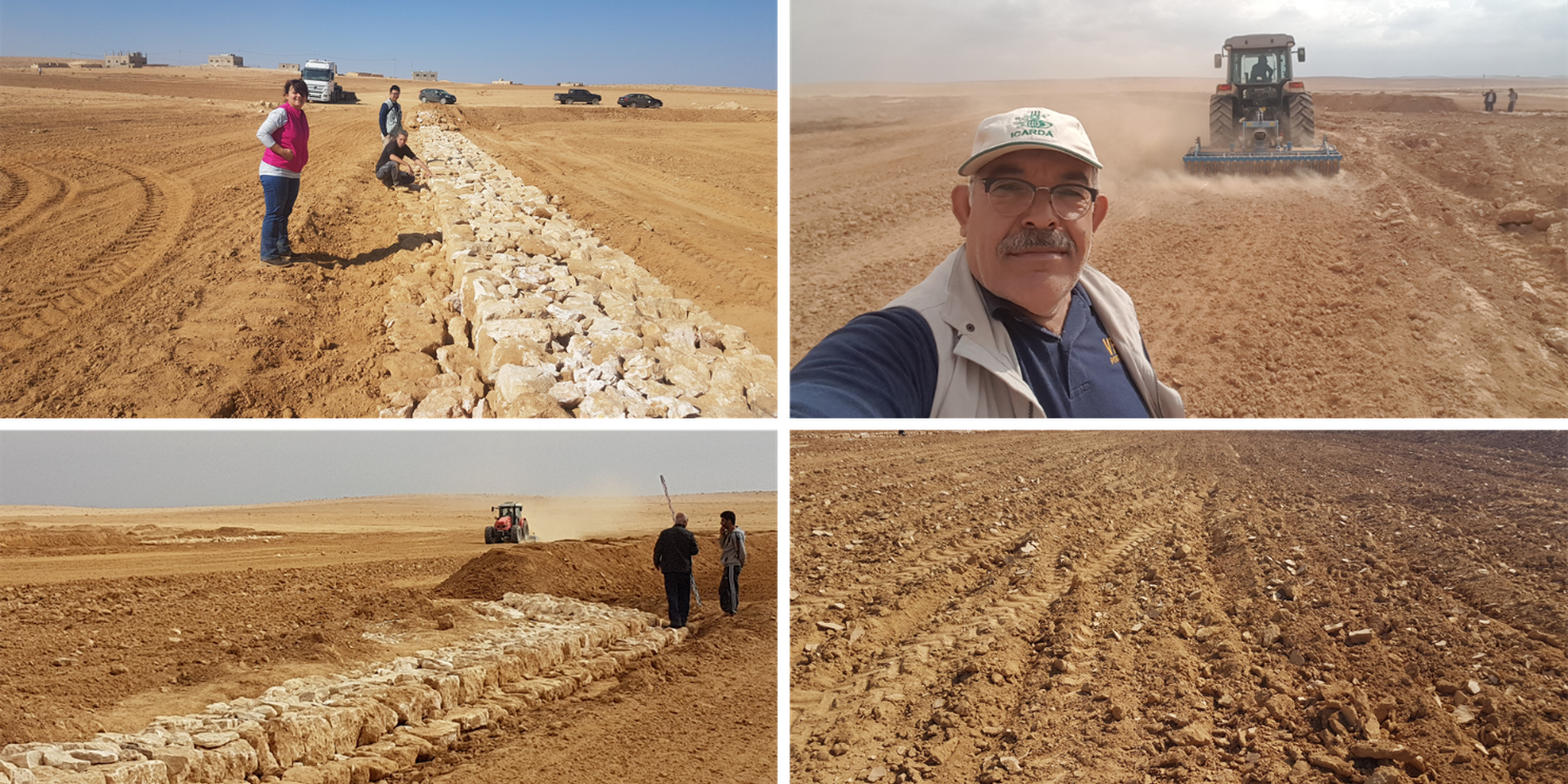 Seedbed preparation and spillways construction. Top Left: The construction of the stone dikes. Top Right: Soil leveling of the fields for improved water infiltration. Bottom Left: Local community workers inspecting the dike. Bottom Right: A well prepared seedbed after leveling.