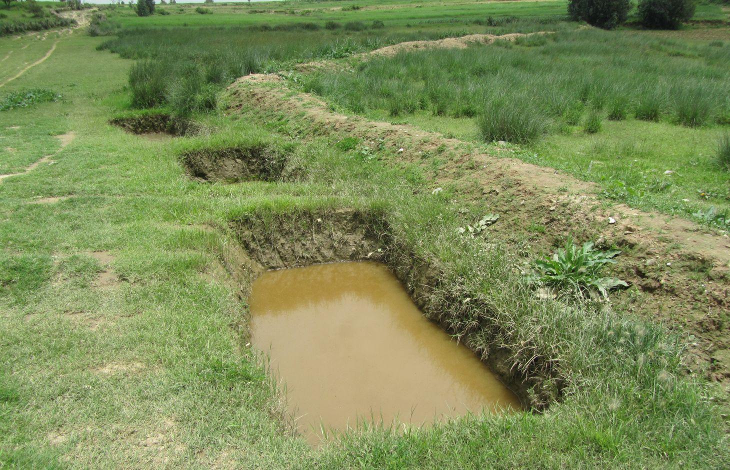 Large dimension soil faced deep trench bunds in grazing land
