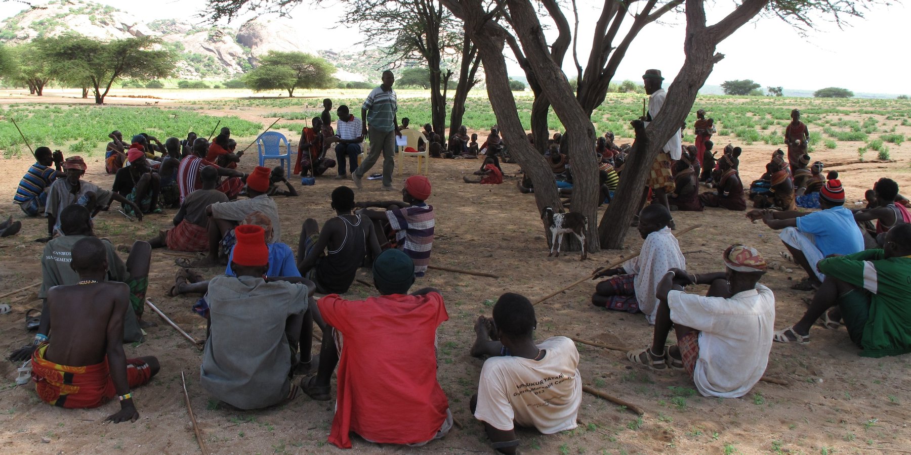 A community meeting held with the beneficiary community in Manyatta Lengima to review and plan for ongoing Rock Catchment Project activities 