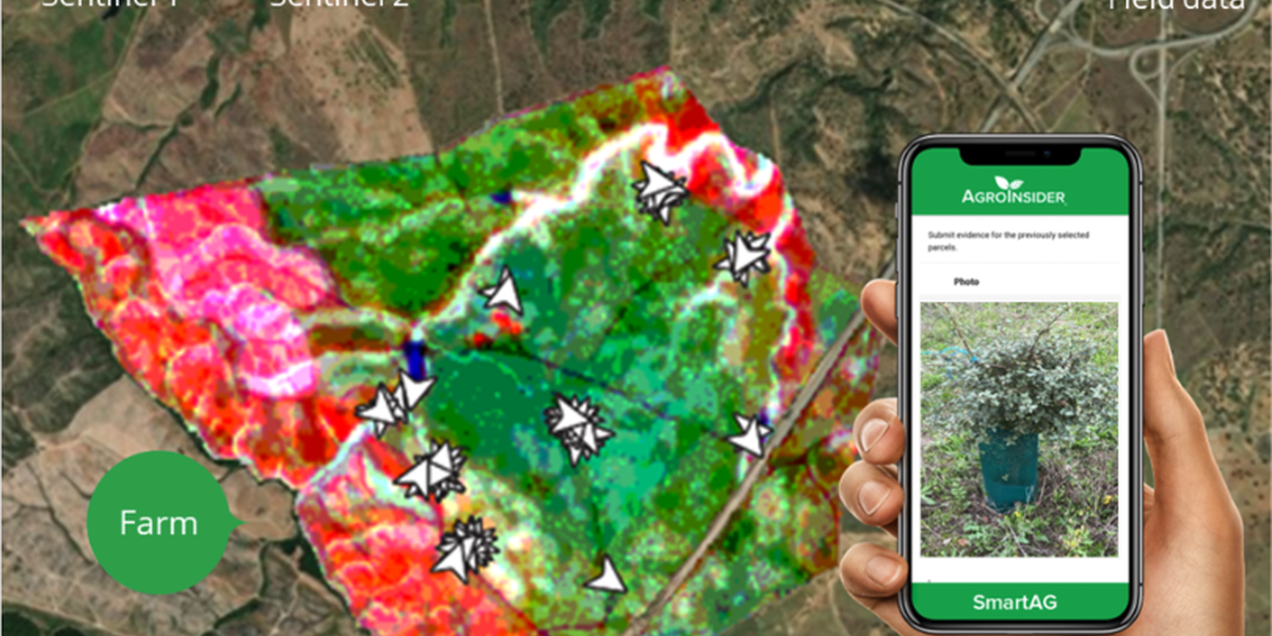 Land use mosaic of Azinhal Farm in 2023. The colors of the mosaic range from white to light colors representing areas with high vegetation structure, high greenness, and high plant water content. Dark colors represent areas with low vegetation structure, low greenness, and low plant water content. Dark blue areas correspond to water bodies. Record of georeferenced evidence using SmartAG on the mobile phone.