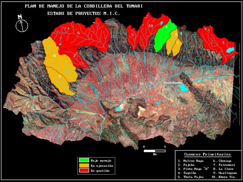 Mapa de la Cordillera del Tunari. Las áreas de colores representan las cuencas en las cuales el Promic ya ha intervenido. La cuenca Pacha (la cuenca descrita) lleva el número 2 en este mapa. Se trat