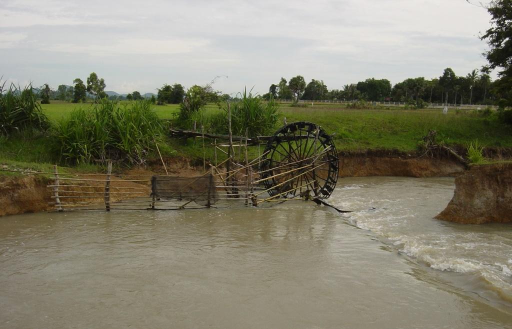Water pumping wheel (noria) irrigating paddy fields.